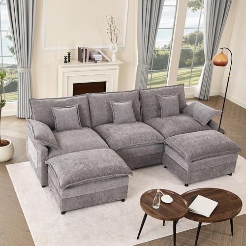 108" U Shaped Couch, Modular Sectional Sofa, 3-Seater Comfy Cloud Couch with Movable Ottoman, Deep Seat Couches for Living Room, Chenille, Slate