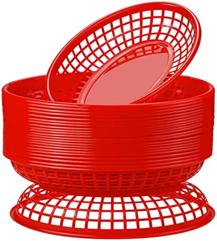 24 Pack Fast Food Baskets, Plastic Fast Food Restaurant Baskets, Bread Fry Baskets Serving Tray for Hot Dogs, Chicken, Burgers, Sandwiches, Fries(Red)