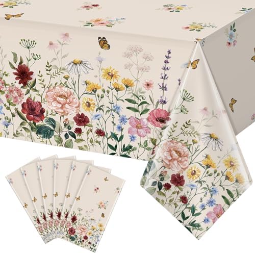 6 Pcs Spring Floral Tablecloth, Butterfly Wildflower Plastic Disposable Tablecloth Rectangle Table Covers for Easter, Birthday, Wedding, Mothers Day Tea Party Supplies and Decorations,54 x 108 Inch