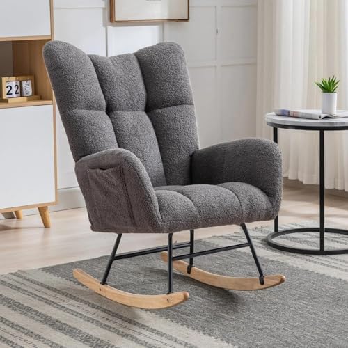 Nursery Rocking Chair Teddy Upholstered Glider Rocker Accent Chair with High Backrest Armchair Comfy Side Pocket Modern Rocking Accent Chairs for Living Room, Nursery, Office(Neutral Gray)