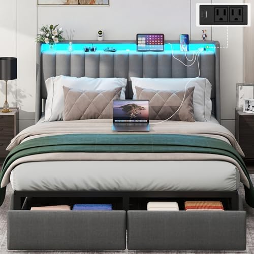 Full Bed Frame with 2 Storage Drawers, Platform Bed Frame Full Size with LED Light, Upholstered Headboard, Charging Station, Steel Slat Support, No Box Spring Needed, Noise-Free, Easy Assembly, Gray
