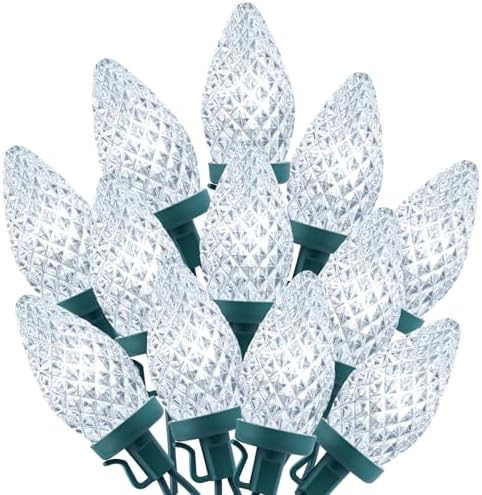 C9 Christmas String Lights White, 66ft 100 LED Faceted Christmas Lights on Green Wire, Plug-in Large Bulb Strawberry String Lights for House Roof Roofline Christmas Tree Party Outdoor