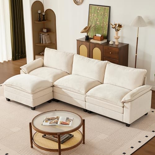114 Inch Modular Couch Sectionals with Ottoman, Big Comfy Cloud Couches, L Shaped 4 Seat Modular Sectional Sofa, Modern Cloud Sectional Couches for Living Room, Deep Seat Sofa, Beige