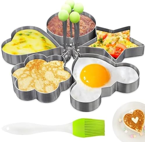 5 Pcs Pancake Molds for Griddle — Egg Shaper for Frying Pan, Stainless Steel Pancake Mold for Omelettes & Fried Eggs — Fun Shapes for Breakfast, Christmas Cookies, Holiday Biscuits & Creative Baking