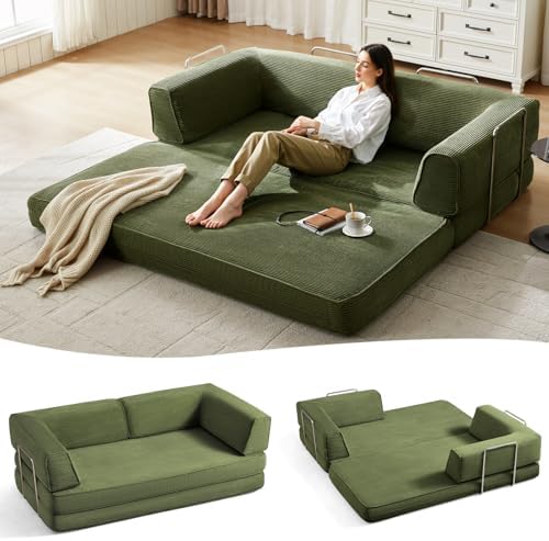 LINSY HOME 79'' Convertible Sofa Bed - Boneless Compression Sofa Folding Loveseat Sleeper - Foldable Corduroy Couch Bed for Living Room Bedroom - Modular Sectional Compressed Sofa in Box, Green