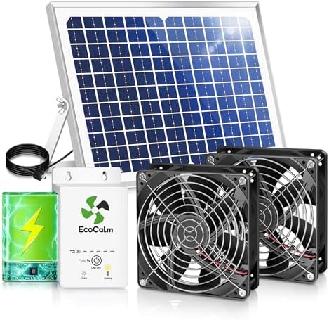 Solar Exhaust Fan for Chicken Coop with Battery, Solar Powered Fan with 25W Bifacial Solar Panel & Dual 5.5" Fans Kits