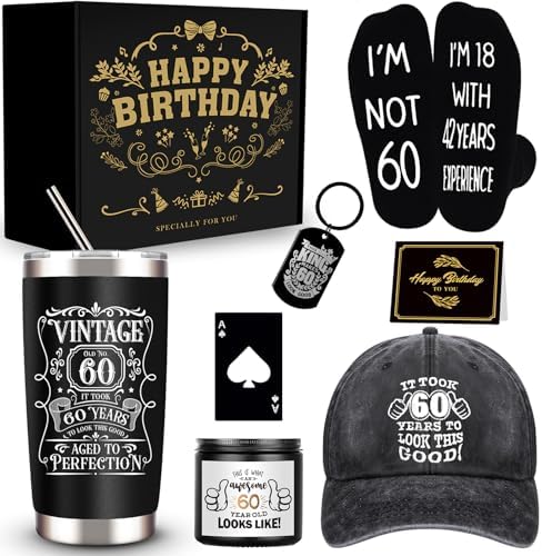 60th Birthday Gifts for Men - Unique Box with 20 Oz Tumbler, Scented Candle, Socks, Baseball Cap for Husband, Dad, Grandpa, Friends, Teachers, Boss