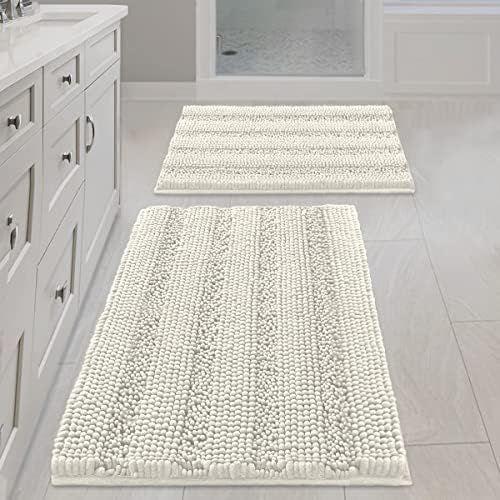 Non Slip Thick Shaggy Chenille Bathroom Rug Mat Set Extra Soft and Absorbent Striped Floor Rugs, 2 Piece, Machine-Washable