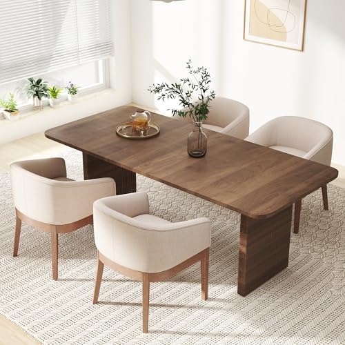 Beige Mid Century Modern Dining Chairs Set of 4, Farmhouse Linen Upholstered Accent Curved Backrest Kitchen Chairs Armchairs with Natural Wood Legs, Beige