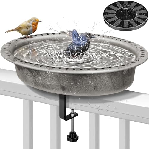 VIVOHOME Deck Mounted Oval Polyresin Bird Bath with Solar Fountain, Adjustable Clamp for Railings up to 3.9 Inch, Capacity 1.3 Gallons for Patio, Gardens, Yard, Deck, Gray