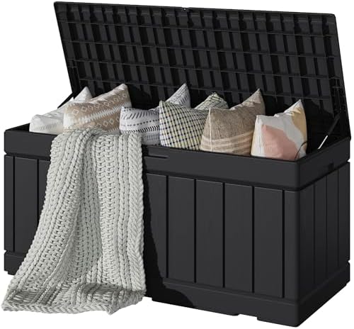 Devoko 80 Gallon Deck Box, Waterproof Resin Outdoor Storage Box for Outside and Patio, Outdoor Storage Bench Lockable for Patio Furniture, Garden Tools and Pool Supplies (Black, 80 Gallon)