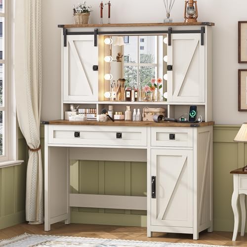 MSmask Farmhouse Vanity Desk with Mirror and Lights, 41" Sliding Door Makeup Vanity with Charging Station, Large Vanity Table with Drawers/Shelves/Cabinet Storage, Antique White