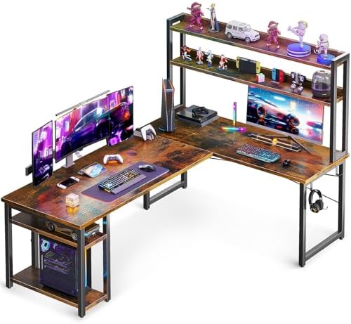 ODK L Shaped Gaming Desk with Hutch, Computer Desk with Storage Shelves, 66" L Shaped Desk for Home Office, Corner Desk with Headphone Hook, Vintage