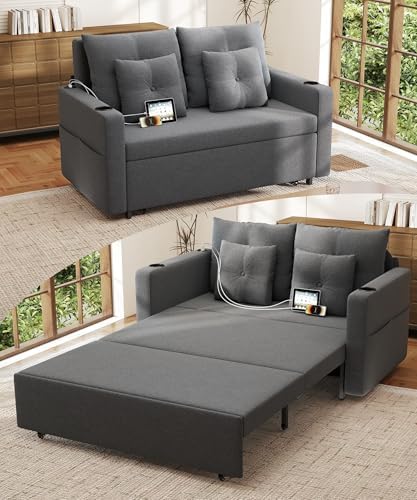 3 in 1 Pull Out Couch, 56 Inch Convertible Sleeper Sofa Bed, Loveseat Sofa with Cup Holders, USB, Sofa Couches for Living Room, Bedroom, Apartment, Grey