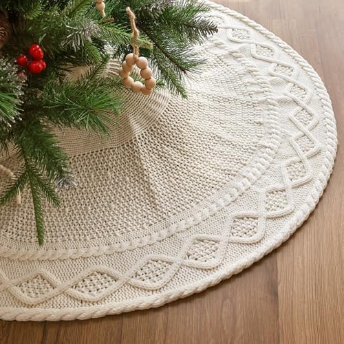 36 inch Christmas Tree Skirt: Pencil Tree Skirt for 6ft Tree, Diamond Edge Knit Cream White Small Tree Skirt, Vintage Tree Skirts, Rustic Farmhouse Christmas Decorations
