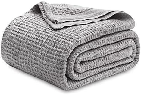 Bedsure 100% Cotton Blanket King Size for Bed - Breathable and Soft, Waffle Weave Blanket for Summer Spring, Grey, 104x90 inches