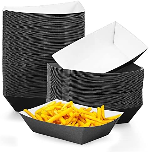Yinkin 100 Pcs Paper Food Trays Boat Halloween 2lb Disposable Nacho Trays Kraft Paper Boat for Tacos Concession French Fries Snack Hot Dog BBQ Popcorn Wedding Christmas Party Supplies(Black)