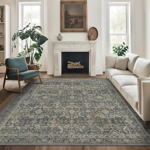 8X10 Area Rugs Machine Washable Rugs for Living Room, Vintage Boho Large Rugs for Bedroom Dining Room, Non Slip Indoor Soft Distressed Lightweight Thin Low Pile Carpet, Deep