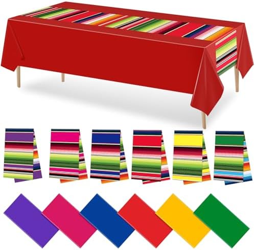 12 Pcs Plastic Mexican Table Runner and Fiesta Tablecloth Set Cinco De Mayo 14 x 108 In Striped Serape Table Runner for Dia De Los Muertos Mexican Birthday Party Decorations (Assorted Color)