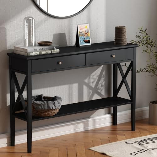 ChooChoo 47" Console Table with Drawers, Narrow Wood Accent Sofa Table Entryway Table with Storage Shelf for Entryway, Front Hall, Hallway, Living Room, Black