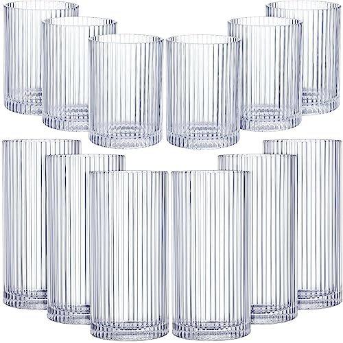 Zhehao 12 Pcs Ribbed Drinking Glasses Set 9 oz 12 oz Glass Cups Vintage Glassware Ribbed Cocktail Cup Clear Ice Coffee Highball Ripple Drinkware for Home Bar Beverages