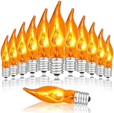 12 Pack C7 Flickering Flame Light Bulbs Orange Fall Lights Bulb - E12 Flickering Flame Bulb, Ideal as Fall Christmas Halloween Candle Light Bulbs & Replacement Bulbs for String Lights,1W, 120V
