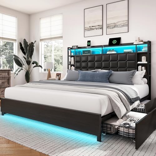 LARMACE King Size Bed Frame with 4 Storage Drawers and Bookcase Headboard, Faux Leather Upholstered, Wooden Platform Bed Frame with Charging Station and LED Lights, No Box Spring Needed, Black