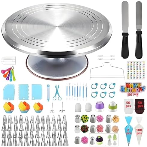357 Pcs Cake Decorating Kit,with Aluminium Alloy Cake Turntable,48 Numbered Icing Tips,8 Russian+Ball Tips,2 Icing Spatulas,50 Cake Flags,102 Pastry Bags,109 Cupcake Liners and More