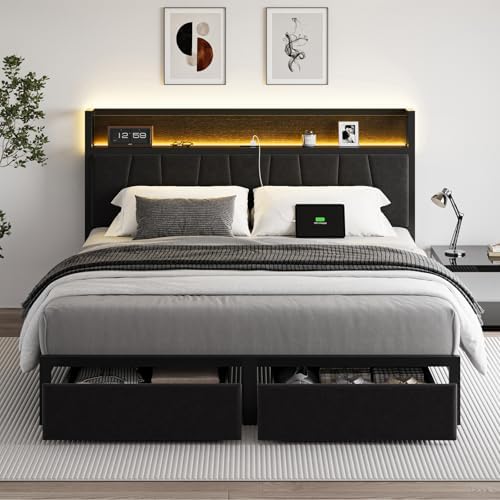 Queen Size Bed Frame with Headboard and Storage Drawers Platform Bed Frame with Storage Chargin Station LED Light Bedframe Heavy Duty No Box Spring Needed