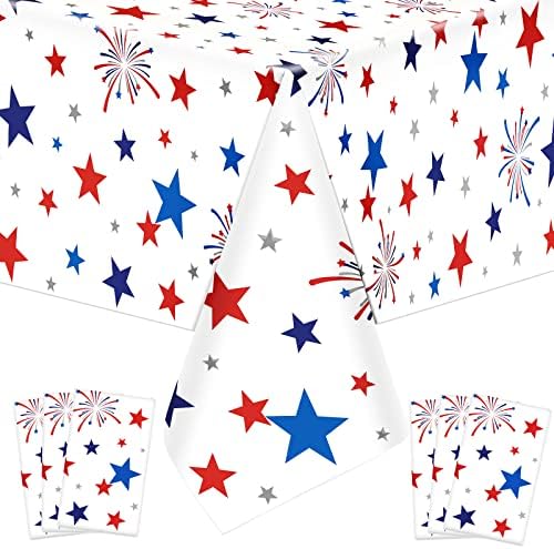6Pcs Patriotic Tablecloth Plastic Disposable Star Table Cloth Rectangle Red White Blue Table Cover for Patriotic Themed Party Supplies Birthday Sport Event Picnic Camping Memorial,54x72 Inch