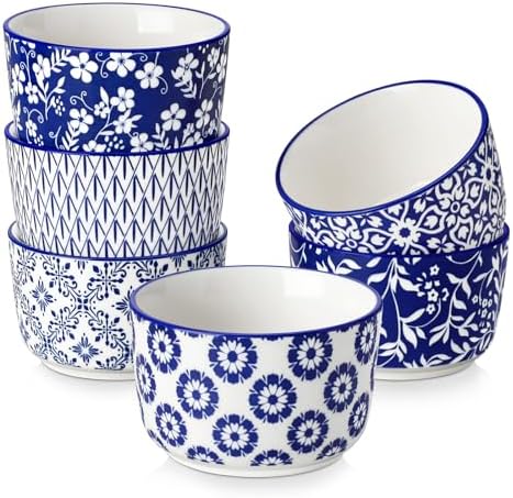 vancasso Selene 6 oz Ceramic Ramekins Set of 6, Microwave & Dishwasher Safe Souffle Cups for Baking, Dip & Sauce, Desserts, Handcrafted Blue Floral Bowls