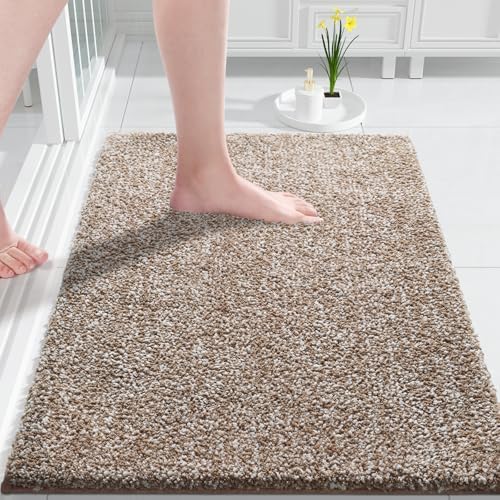 Yimobra Bathroom Rugs Mat, Extra Soft Comfortable Bath Rugs, Non-Slip, Water Absorbent and Thick Bathroom Floor Mats, Machine Washine, Shaggy Rugs for Shower Bathtubs, 32" x 20", Brown&White
