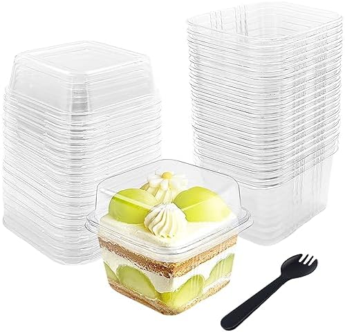 50 Pcs 8OZ Plastic Dessert Cups with Lids and Spoons,Square Parfait Cups,Disposable Ice Cream Containers for Cupcake,Pudding,Snacks,Yogurt,ParfaitFruits,Mousse