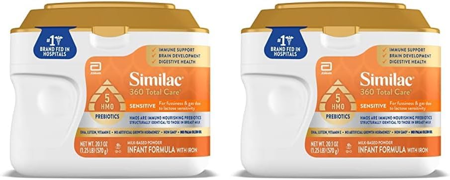 Similac 360 Total Care Sensitive* Infant Formula with 5 HMO Prebiotics, for Fussiness & Gas Due to Lactose Sensitivity, Non-GMO, Baby Formula Powder, 20.1-oz Tub (Pack of 2)