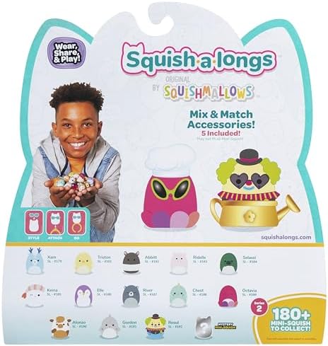 Squish-a-longs by Squishmallows 14 Pack - Series 1, Wave 2 - (14) 1” Mini-Squish with (4) Accessories, (1) Ring Attachment, and (1) Collector’s Guide - Collect, Trade, & Play