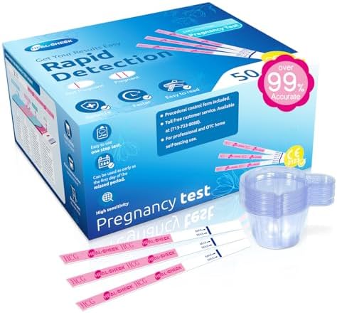 Pregnancy Tests with Cup, HEAL-CHECK Bulk Pregnancy Test Strips for Home Detection, Over 99% Accuracy, Individually Wrapped, 5mm Width HCG Test Kit, Fertility Value Pack 50 Count