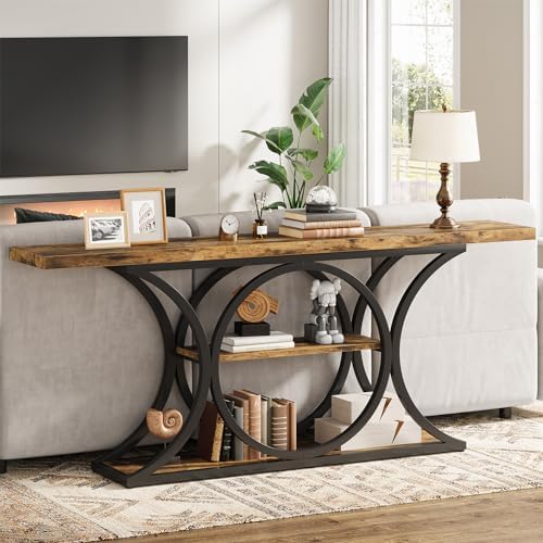 63 inch Extra Long Sofa Table, Rustic Industrial Entry Console Table, Behind Couch Table with Black Metal Frame, 3 Tier Storage Shelves for Hallway, Entryway & Living Room, Brown & Black