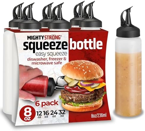 6 Pack Condiment Squeeze Bottles for Sauces - 8 Oz Squirt Bottles for Liquids, Easy Pour Sauce Bottles with Leak Proof Snap Cap, Condiment Bottles, Plastic Squeeze Bottles for Liquids, Ketchup, Oil