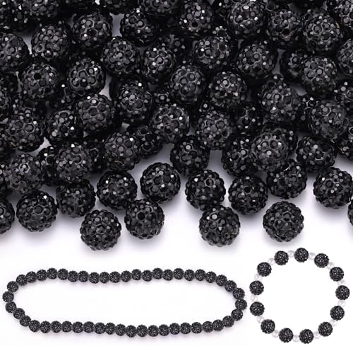 100 Pcs Black Rhinestone Beads for Jewelry Making, Sparkle Crystal Clay Christmas for Bracelet Baseball Necklace Earring Crafting and DIY, Shiny Round Shamballa Disco Ball Beads Bulk