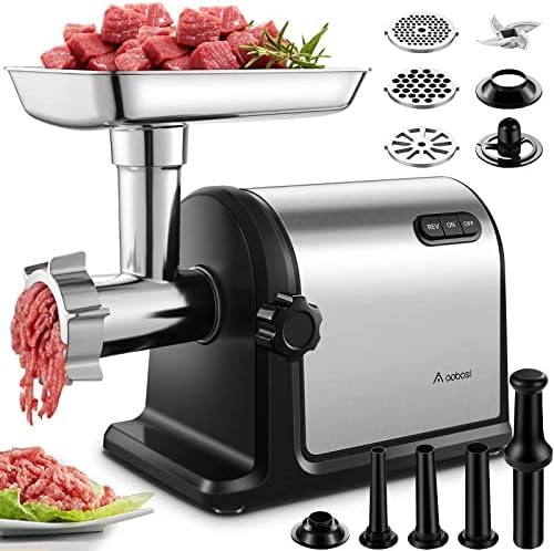 AAOBOSI #10 Meat Grinder Electric [3000W] Heavy Duty Stainless Steel Meat Mincer with 3 Grinding Plates, 3 Sausage Stuffer Tubes & Kubbe Attachments,Easy One-Button Control