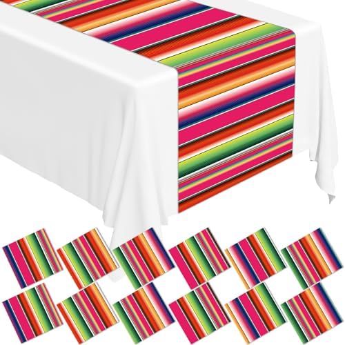 12Pack Plastic Mexican Table Runner Disposable Mayo Mexican Serape Table Runner 14 x 84Inch Colorful Striped Table Cover for Dinning Table Fiesta Party Taco Party Decor Supplies