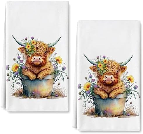 Highland Cow Kitchen Dish Towel 18 x 28 Inch Rustic Farmhouse Dishcloth Seasonal Cute Cow Decorative Hand Tea Towel for Kitchen Home Cooking Baking Cleaning, 2Pcs
