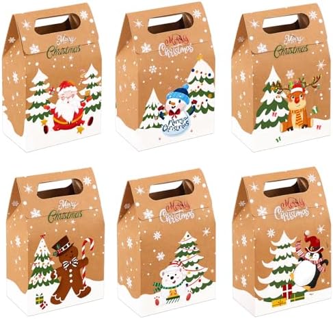 Vellibring 24PCS Christmas Kraft Candy Boxes,Christmas Kraft Paper Cookies Candy Treat Boxes Bags for Christmas Gift Wrapping Boxes Xmas Party Supplies Decorations