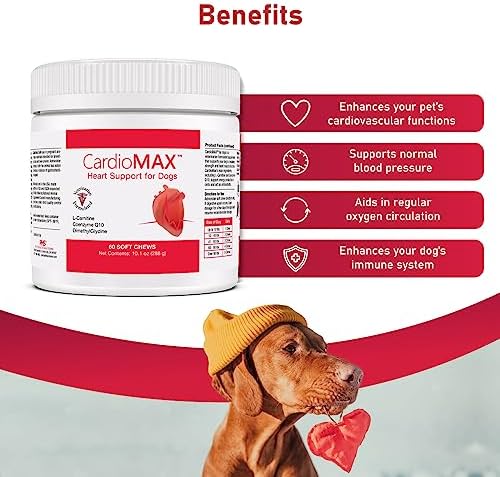 Cardio MAX Heart Support Supplement for Dogs - L-Taurine, L-Carnitine, EPA and DHA, Coenzyme Q10 - Aids Circulatory Strength, Cardiovascular Support, Heart Muscle Function- 60 Soft Chews