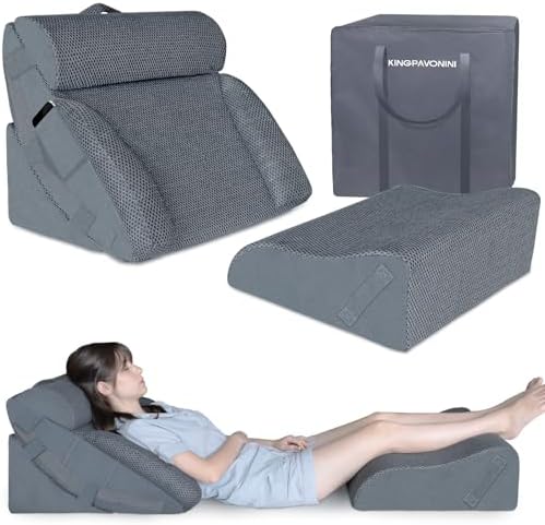 KingPavonini 4PCS Bed Wedge Pillow Post Surgery, Orthopaedic Sleeping Wedge Pillow Set for Neck, Back and Leg Pain Relief, Acid Reflux, GERD, Memory Foam Pillow for Sleep Apnea with Travel Bag