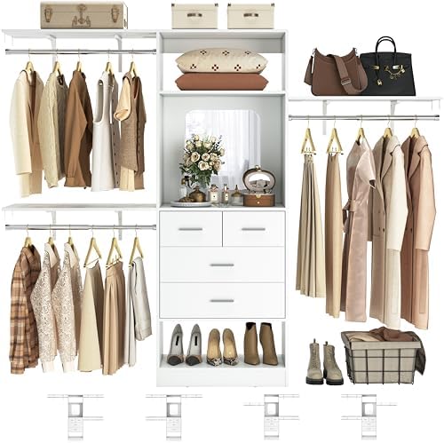 Unikito 8FT Closet System with 4 Drawers, 96" Wood Closet Organizer with Mirror and Hanging Rods, Sturdy Walk in Wardrobe Closet Insert with Tower, 96" W x 16" D x 80" H (Can Be Cut To Fit), White