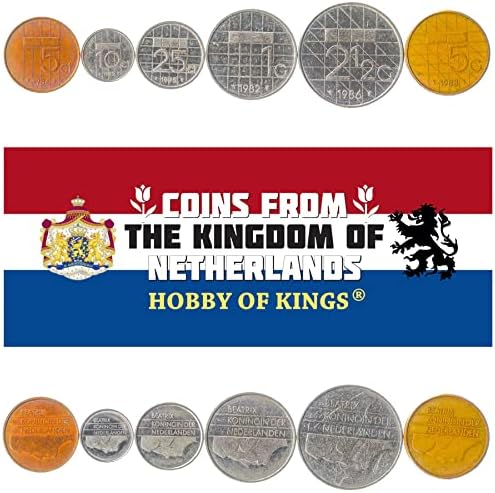 6 Coins from Netherlands | Dutch Coin Set Collection 5 10 25 Cents 1 2½ 5 Gulden | Circulated 1982-2001 | Queen Beatrix