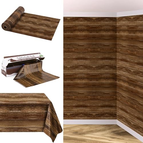 100 Ft x 54 Inch Wood Grain Tablecloth Roll in Slide Cutter Box Disposable Rustic Backdrop Vintage Table Cover Western Themed Bulletin Board Plastic Roll for Barn Birthday Classroom Decor