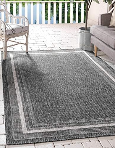 Unique Loom Outdoor Border Collection Area Rug - Soft Border (9' x 12' Rectangle, Black/ Ivory)