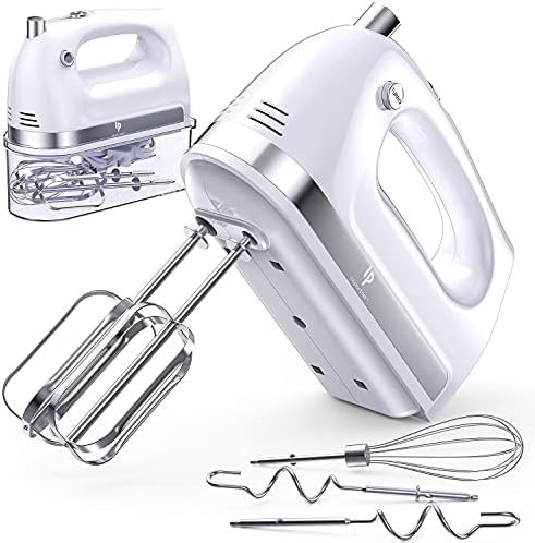 Hand Mixer Electric, 400W Food Mixer 5 Speeds Handheld Blender, 5 Stainless Steel Accessories, Storage Box, Kitchen Blender with Cord for Cream, Cookies, Dishwasher Safe, White